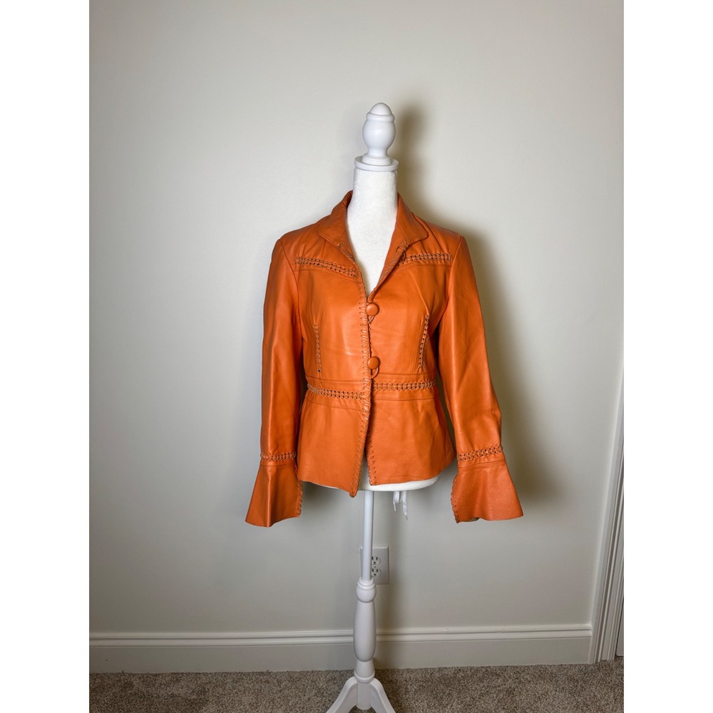 Vintage Orange Leather Bell Sleeve Jacket Whipstitch Boho Western 70s Style S